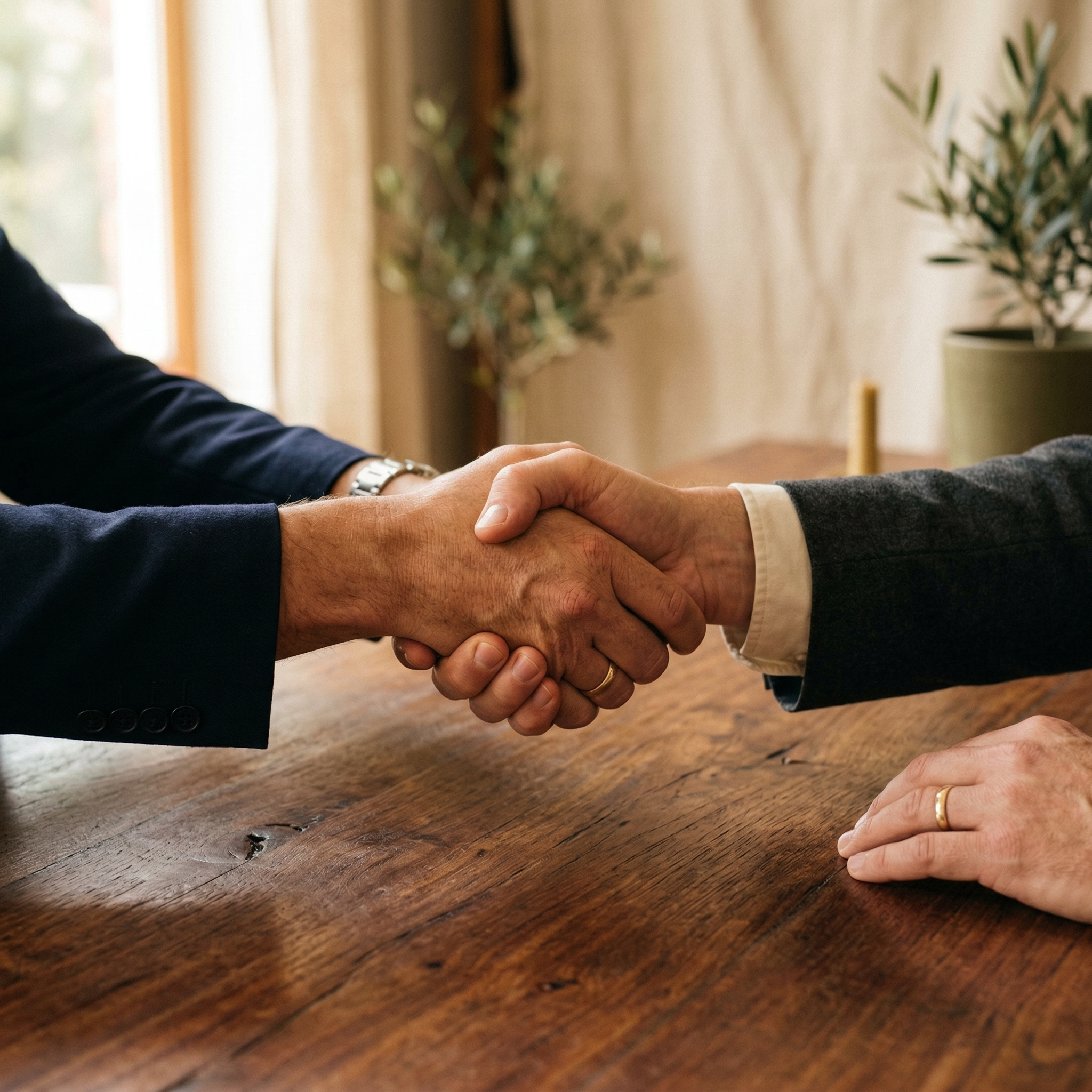 Two professionals shaking hands across a wooden table